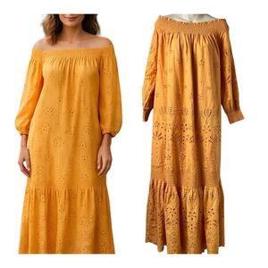 Chico's Sz 1 8/10 Laser Cut Coral Mango Maxi Dress Off Shoulder Cottage (2803)